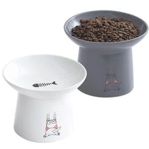 6.5in Wide Raised Ceramic Cat Bowls Elevated Food & Water Dish White & Grey - Picture 1 of 6