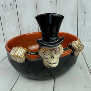 2010 Yankee Candle Boney Bunch Skeleton Candy Dish Bowl Ceramic Halloween Decor - Picture 1 of 11