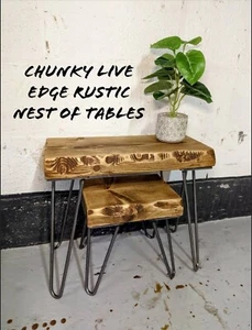 Chunky 'Live Edge' Rustic Nest of Tables, supported by Steel Hairpin Legs - Picture 1 of 13