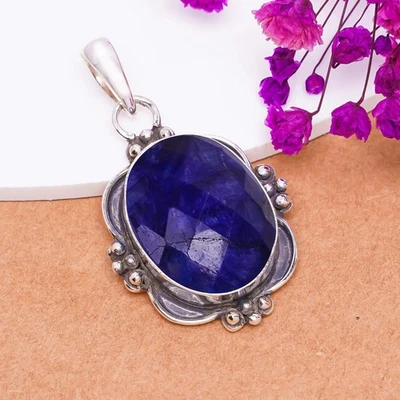 Elegante colgante de plata de ley 925 maciza con piedras preciosas de zafiro azul simulado V8174 Foto 1 de 4