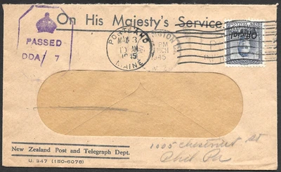Nueva Zelanda Censurado OHMS Cubierta Oficial Wellington a EE. UU. 1945 Foto 1 de 2