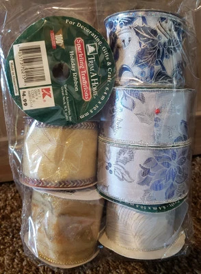 7 Rolls Wired Ribbon W 2" - 2.5" Blue Gold Floral Red New / Used Holiday Plain - Image 1 of 4