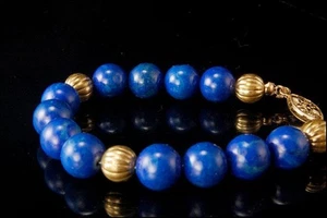 VINTAGE BLAUER LAPIS 8 mm 10K GOLD PERLENVERSCHLUSS ARMBAND MR - Bild 1 von 1