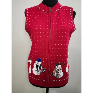 Charter Club Women's Christmas 100% Lambs Wool Vest Zipper Snowmen Medium - Picture 1 of 9