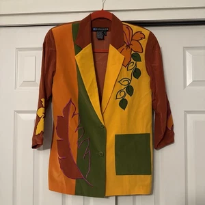 IB Diffusion 90s Silk Blazer Jacket Size 4 Shoulder Pads Fall Autumn Retro - Picture 1 of 12