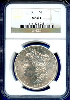 1881 S NGC MS63 Morgan Dollar $1 US Mint Silver Coin 1881-S MS-63 Blast White - Image 1 of 3