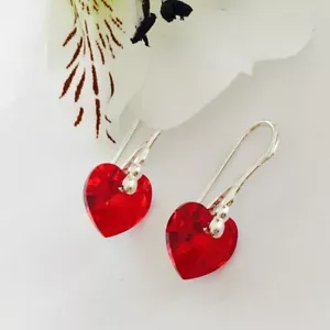 925 Sterling Silver Heart Earrings Red Light Siam Made With Austrian Crystals - Picture 1 of 2