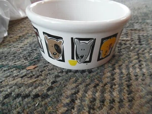 large white with multi color dogs ceramic dog bowl - 6" diameter - Picture 1 of 2