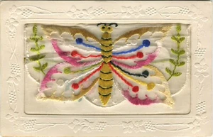 WWI, BUTTERFLY - Embroidered Silk Greetings Postcard - Picture 1 of 3