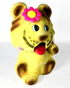 Vintage Flocked "Flower Child" Wagging Tongue Lion 7" Piggy Bank w/ Stopper - Picture 1 of 7