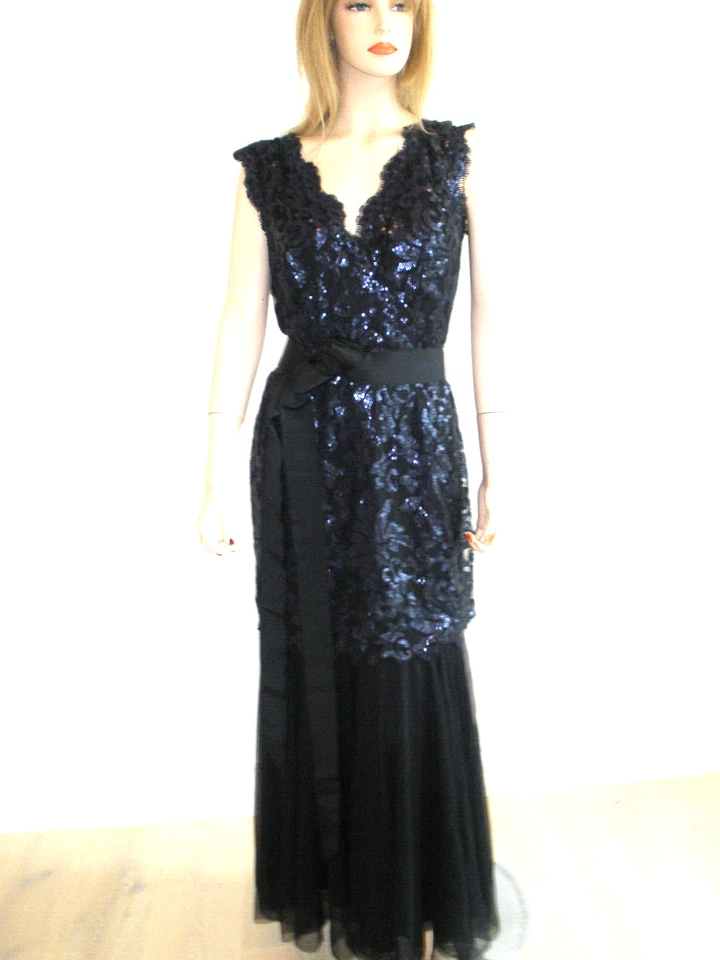 PRECIOSO VESTIDO TADASHI SHOJI LENTEJUELAS ENCAJE Y TUL AZUL MARINO, NEGRO, VESTIDO TALLA 12/14 Foto 1 de 4