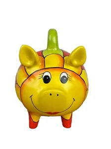 Vintage 8" Mexiko signiertes Sparschwein handbemalt rot gelbe Blume 2007 - Bild 1 von 9