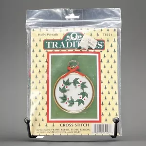 Traditions Cross Stitch Ornament Kit Holly Wreath T8551 Frame Included Vintage - Picture 1 of 12