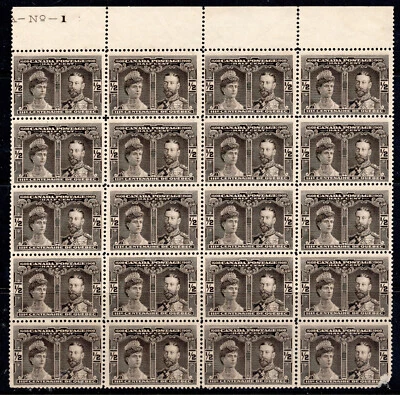 Canada 96 F-VF Unused plate #1 block of 20, 1/2c black brown Quebec 1908 issue - Image 1 of 2