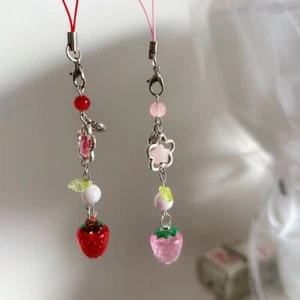Beaded Mobile Phone Strap Strawberry Mobile Phone Key Chain Phone Lanyard - Photo 1 sur 14