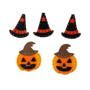 Halloween Patches 3 Witch Hats and 2 Pumpkins Orange Black 2" Craft Sewing Felt - Picture 1 of 4