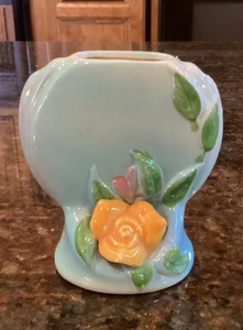 Vtg OPCO Ohio Pottery Zanesville Ohio 4" Small Blue Vase Orange Flower 1940s - Picture 1 of 9