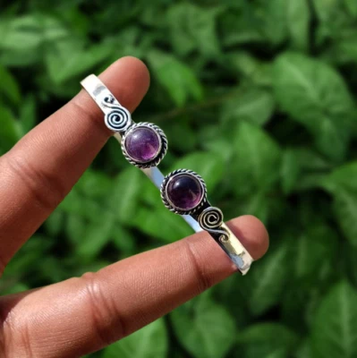 Wow Natural Amethyst Gemstone 8mm Cuff Bangle 925 Silver Plated Fashion Jewelry - Image 1 of 4