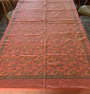 Vintage Handprint Cotton Tablecloth Autumn Peach Fall Floral 83 x 56” India Boho - Picture 1 of 8