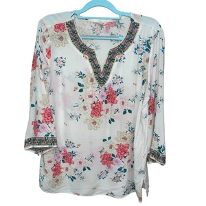 Linda Anderson Tunic Top Women’s Size Large Floral Bohemian White - Picture 1 of 8