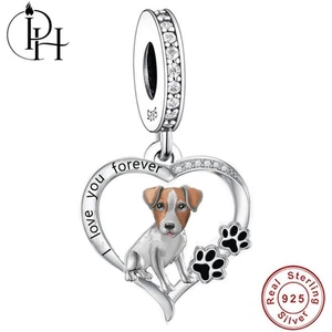 Jack Russell Terrier Dog Charm 925 Sterling Silver Heart Paw Bracelet Dangle - Picture 1 of 6