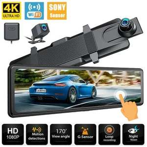 TOGUARD 12" WiFi 4K Mirror Dual Dash Cam GPS Backup Camera Front+Rear Car Camera - Picture 1 of 8