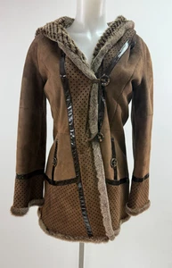 CHRISTIA Italy Genuine Brown Suede Shearling Coat w/ Attached Hood Size S - Picture 1 of 8
