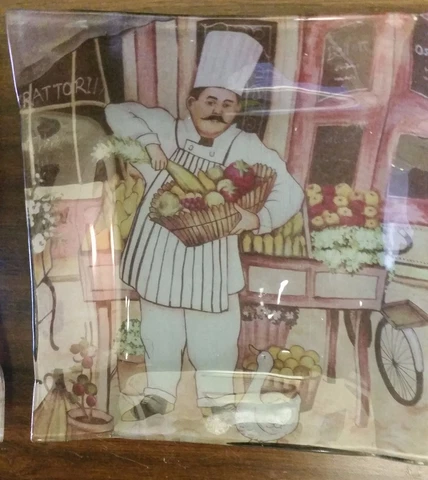 KITCHEN BISTRO 6" PORCELAIN SQUARE PLATE, ITALIAN FAT CHEF WITH TRAY of FRUITS Cover