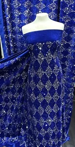 1yard Royal Blue sequin Stretch Velvet Dress Fabric 58” - Picture 1 of 3