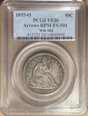 1855-O PCGS VF20 Liberty Seated Half Dollar 50c - RPM FS-501 - New Orleans Mint - Image 1 of 2