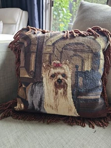 Vintage Yorkshire Terrier with Ribbon Needlepoint Throw Pillow Fringed  15"x15"  - Picture 1 of 5