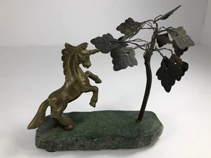 Vintage Brass Unicorn With Tree On Stone Stand Aldon 1982 Taiwan - Picture 1 of 4