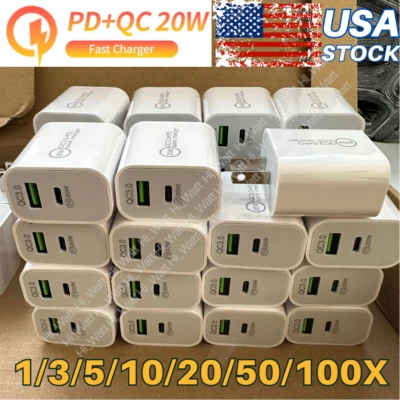PD 20W USB-C Dual Port Adapter Wall Charger For iPhone XR 12 13 14 8 SAMSUNG Lot - Image 1 of 4