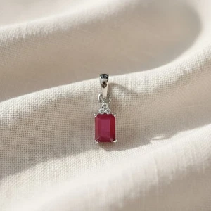 Octagon Red Ruby Silver Pendant Emerald Cut Ruby Gemstone Minimalist Pendant - Picture 1 of 8