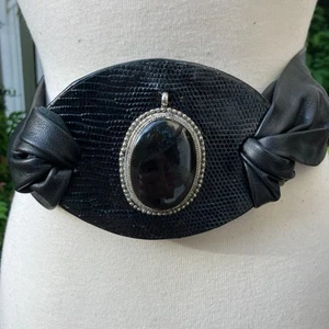 Handmade Leather Belt OOAK Tie Wrap 42" Black Embellished Reptile Bohemian Artsy - Picture 1 of 9