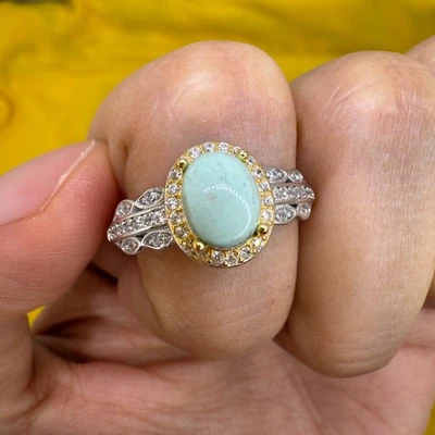 925 Sterling Silver Ring 7x5mm Natural Turquoise Gemstone Zircon Bridal Jewelry - Image 1 of 4