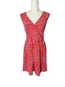 BODEN Sz L 14 Soft Midi Dress Pockets Print Coral Red White Ruched Wrap Striped - Picture 1 of 9