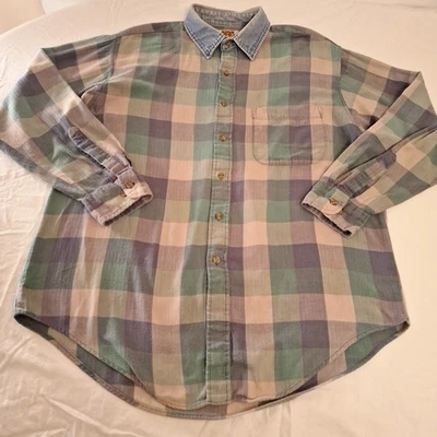 Vintage 90s Grunge Route 66 Flannel Shirt Denim Collar Large  Blue Green Plaid  - Image 1 of 4