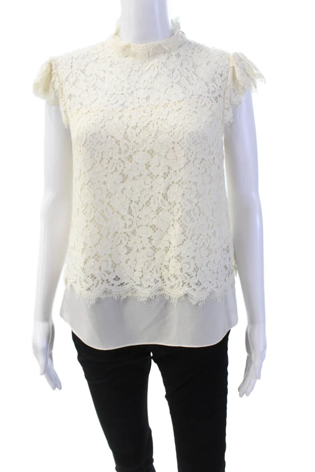 Blusa Top Rachel Zoe Mujer Floral Cuello Encaje Manga Corta Forrada Crema Talla 6 Foto 1 de 4