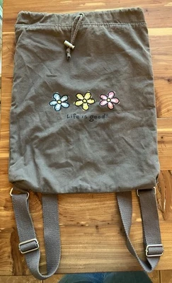 Life Is Good Cinch Sack Bag Backpack Tote Brown Flowers Drawstring 15 1/2"x12" - Image 1 of 4