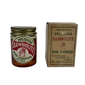 Vecchia vernice vintage per canna di bambù FLUEGER n. 383 Bottiglia di vetro + scatola - Foto 1 di 5