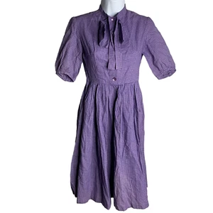 Vintage 60s Midi Swing Shirt Dress XS Purple Check Short Sleeves Neck Tie - Picture 1 of 5