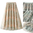 Ladies Floral Mesh Embroidery Skirt Tiered Midi Sheer Elastic Waist Half Dress