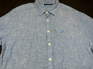 Nautica Mens Button Front Short Sleeve Blue Linen Logo Shirt 2XL XX XXL - Picture 1 of 3