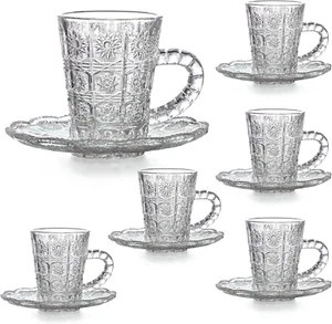 6Pcs Glass Coffee Mugs with Saucer,Clear Glass Tea Cups Set,3.5Oz Espresso Cups - Picture 1 of 7