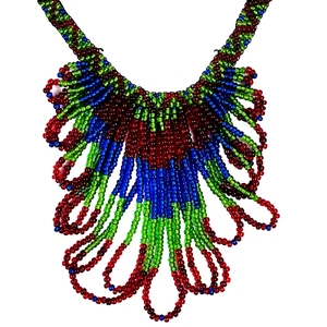Gargantilla con cuentas de semillas collar babero rojo azul verde boho étnico suroeste hecho a mano K - Imagen 1 de 5