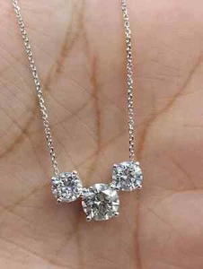 2.50Ct GRA Certified Natural Moissanite 3-Stone Necklace 14K White Gold Plated - Picture 1 of 5