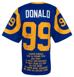 Aaron Donald Signed Blue Throwback Custom Stat Football Jersey - (BECKETT COA) - Picture 1 of 3