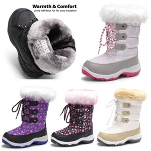 Kids Boys Girls Snow Boots Mid Calf Waterproof Zip Winter Warm Lined Ski Boots - Picture 1 of 12