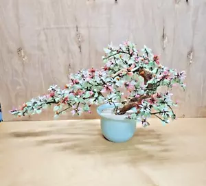 Vintage Chinese Jade Quartz Stone Glass Bonsai Tree Celadon Pot Estate - Picture 1 of 16